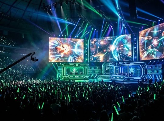 HCS World Championship 2026 Seattle tournament stage with glowing emerald and cobalt blue player booths and stadium screens