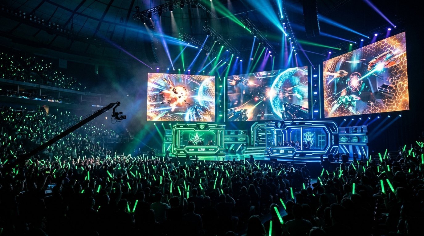 HCS World Championship 2026 Seattle tournament stage with glowing emerald and cobalt blue player booths and stadium screens