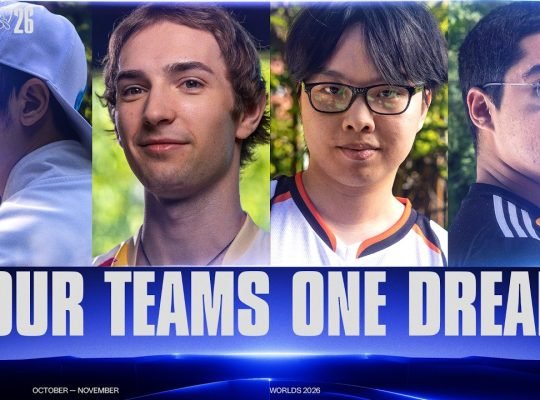 Official League of Legends Worlds 2026 Knockout Stage arena and team stage banner