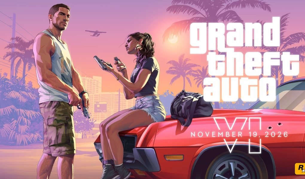 Grand Theft Auto VI Vice City neon skyline and sports supercar official render