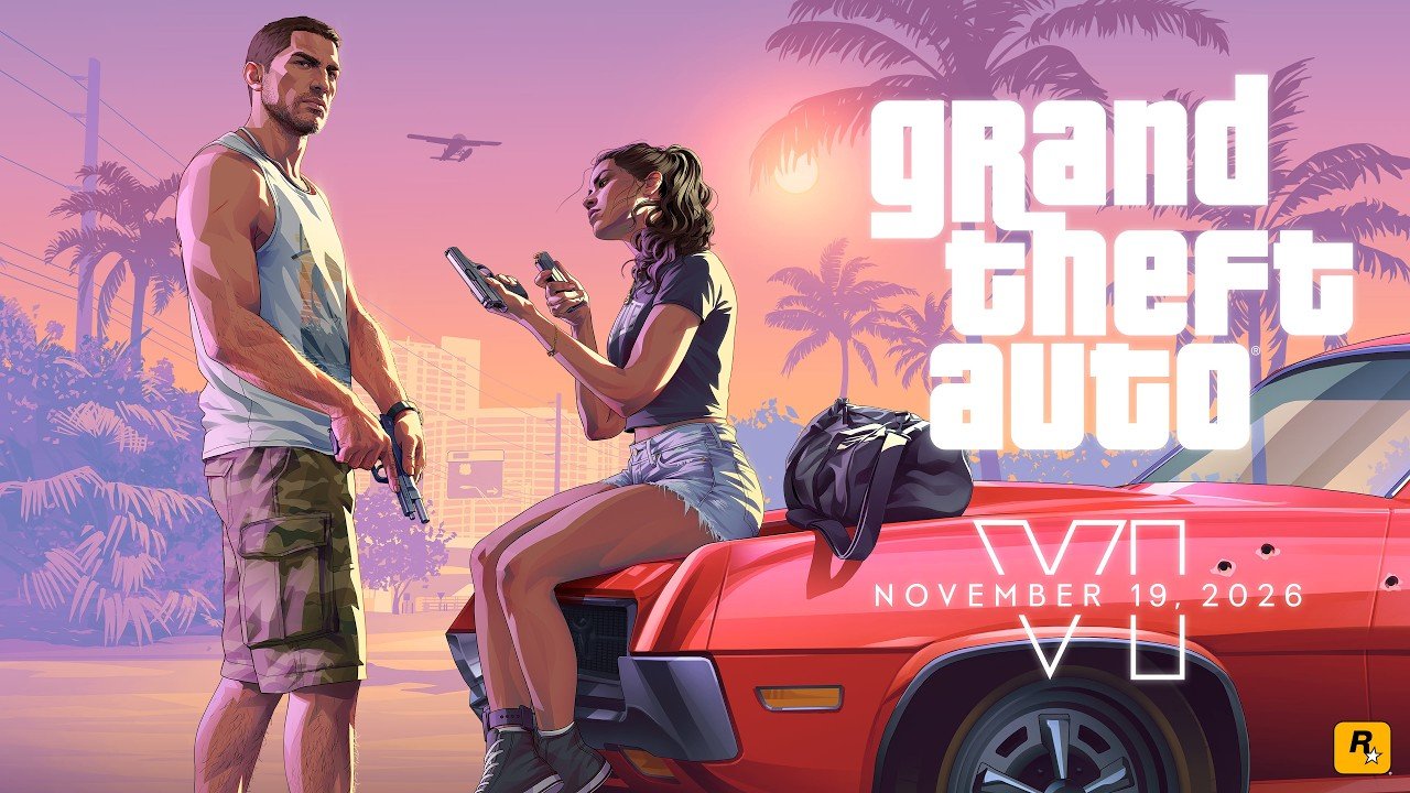 Grand Theft Auto VI Vice City neon skyline and sports supercar official render