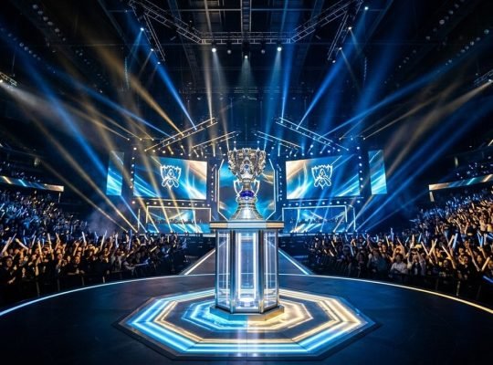 League of Legends Worlds Summoners Cup trophy and esports arena stage key art
