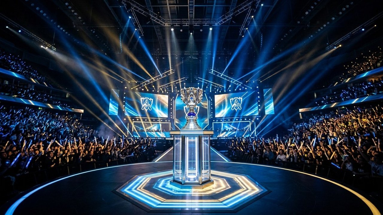 League of Legends Worlds Summoners Cup trophy and esports arena stage key art