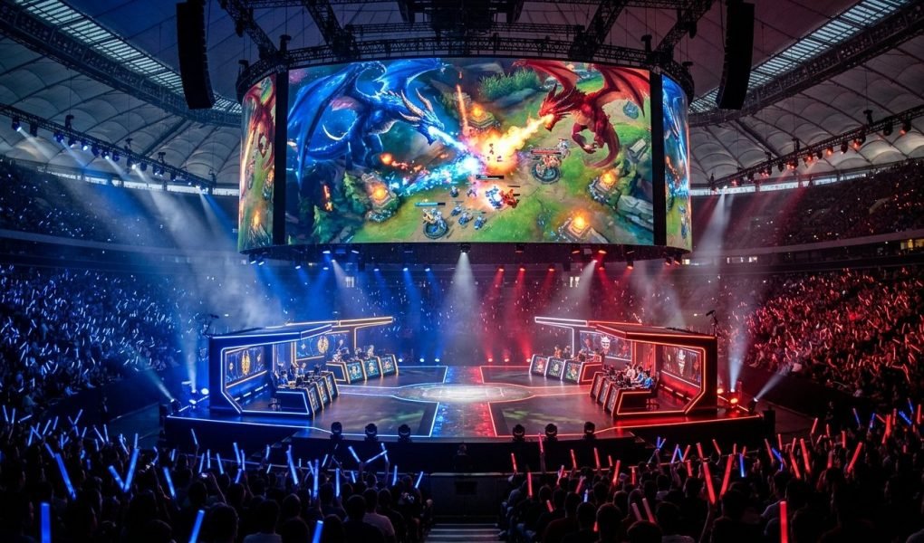 LEC vs LCS Worlds 2026 western rivalry championship arena stage with red and blue dragon displays and cheering fans