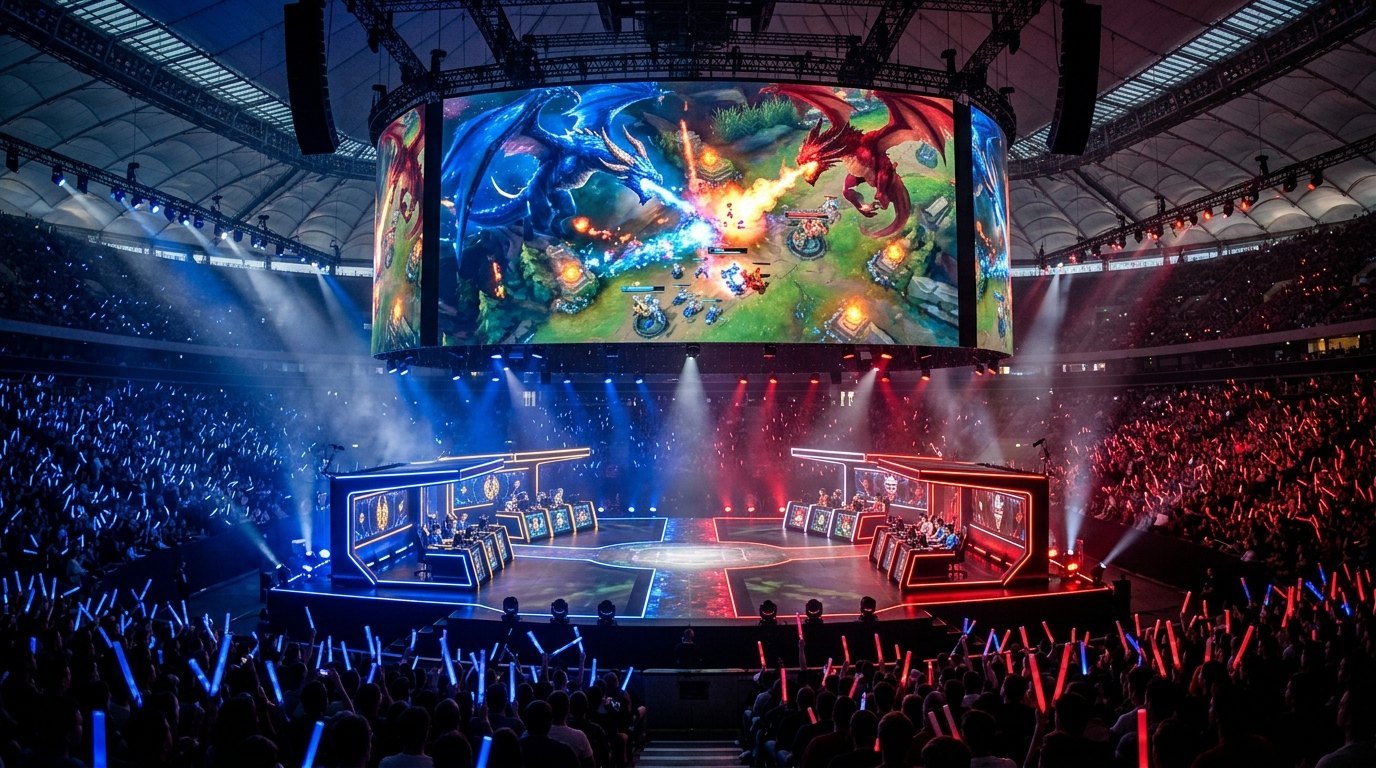 LEC vs LCS Worlds 2026 western rivalry championship arena stage with red and blue dragon displays and cheering fans