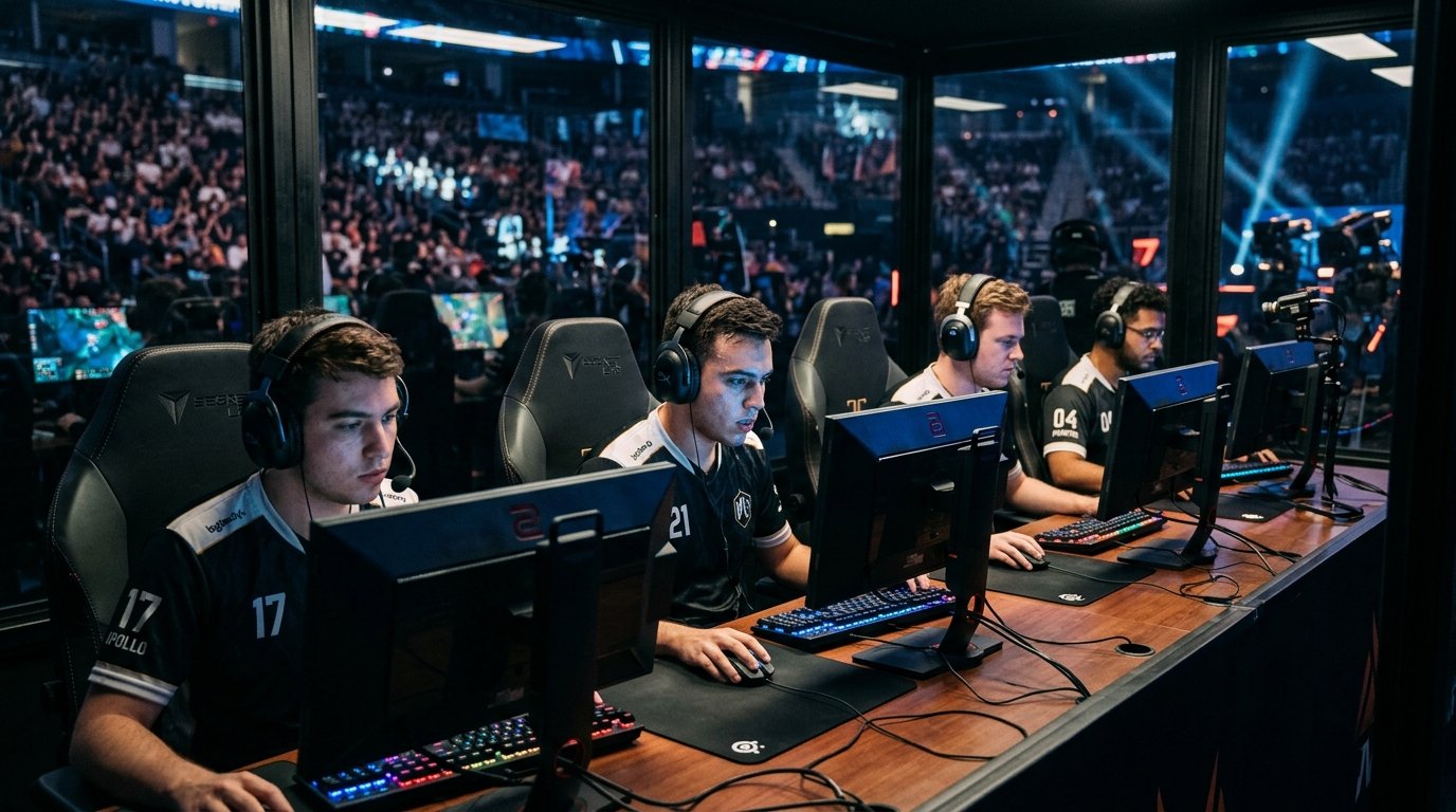 Pro LoL players in tournament booth at Worlds 2026 during match