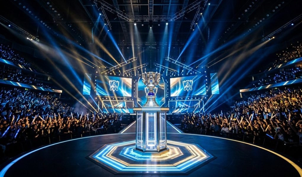 LoL Worlds 2026 Swiss Stage championship trophy packed stadium