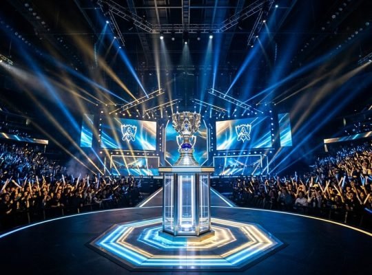 LoL Worlds 2026 Swiss Stage championship trophy packed stadium