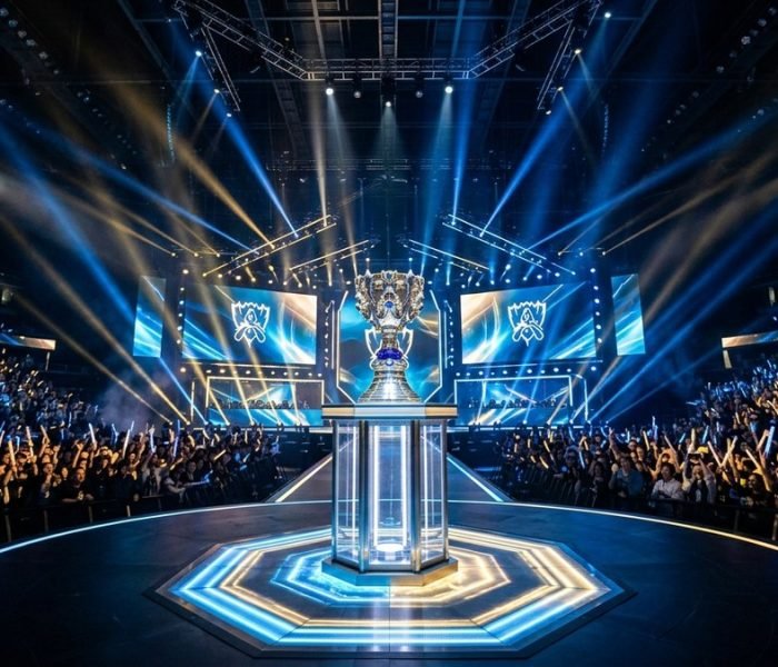 LoL Worlds 2026 Swiss Stage championship trophy packed stadium