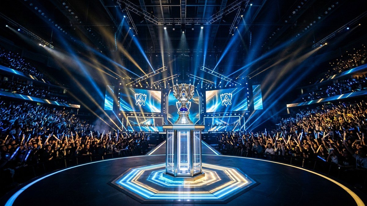 LoL Worlds 2026 Swiss Stage championship trophy packed stadium