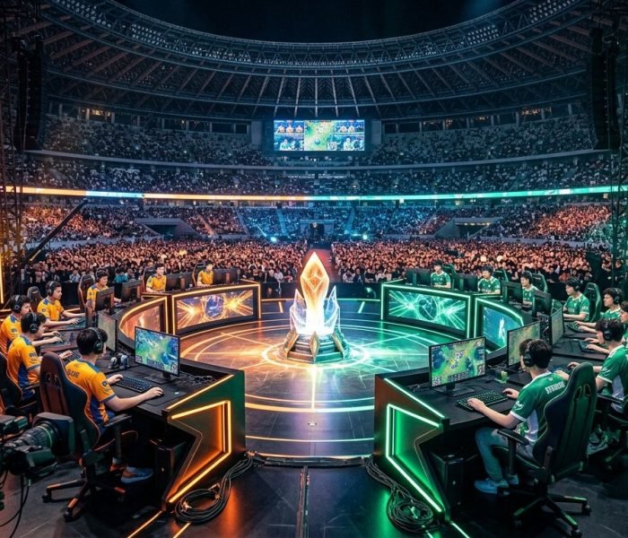 LoL Worlds 2026 T1 vs Gen G draft preview esports arena stage with glowing summoners rift display