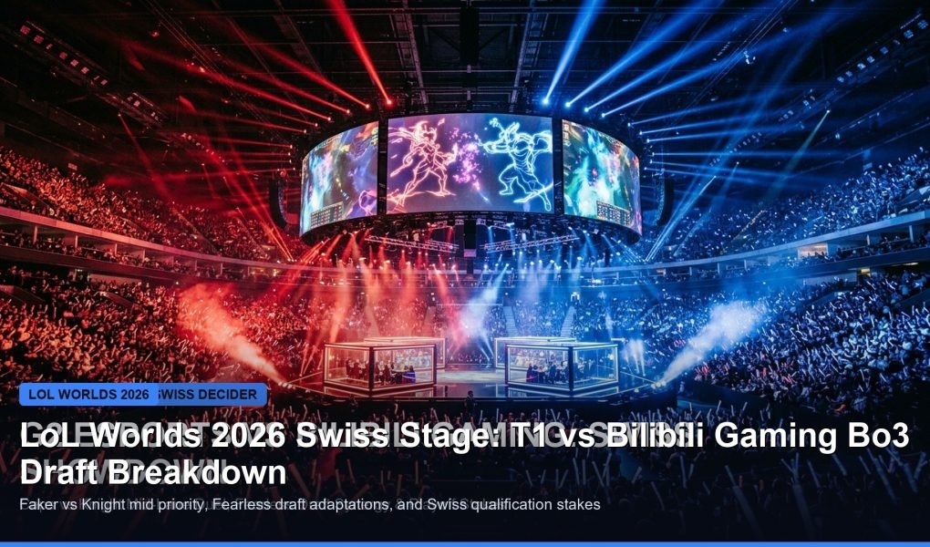 LoL Worlds 2026 Swiss stage T1 vs Bilibili Gaming match preview banner