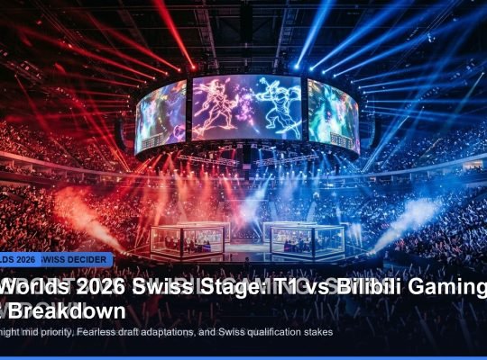 LoL Worlds 2026 Swiss stage T1 vs Bilibili Gaming match preview banner