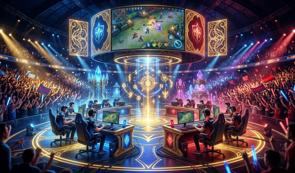 MPL Season 18 playoffs esports arena stage with large screen displaying MLBB hero clash