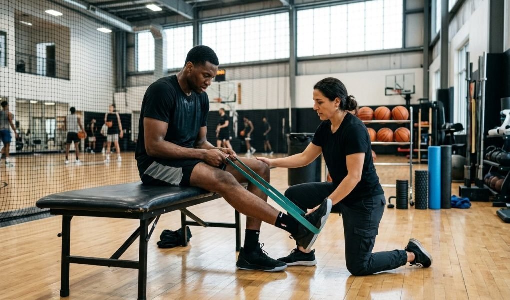 NBA opening night injury report 2026 athletic player performing rehabilitation exercises inside team training gym