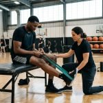 NBA opening night injury report 2026 athletic player performing rehabilitation exercises inside team training gym