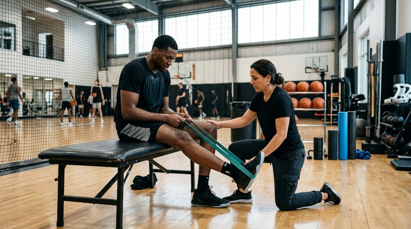 NBA opening night injury report 2026 athletic player performing rehabilitation exercises inside team training gym