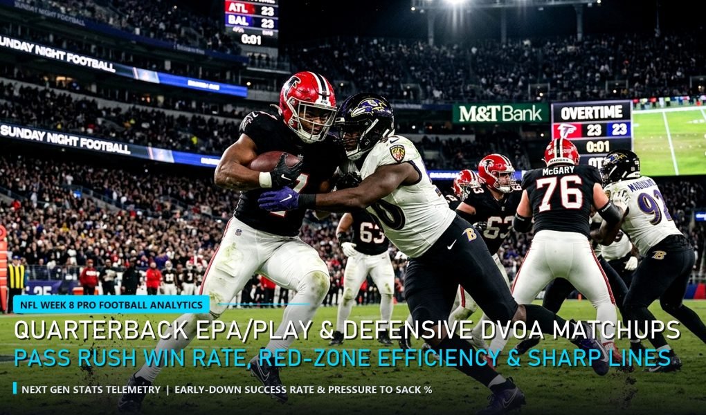 NFL Week 8 Analytics Quarterback EPA per Play and Defensive DVOA Matchups close-up tackle action