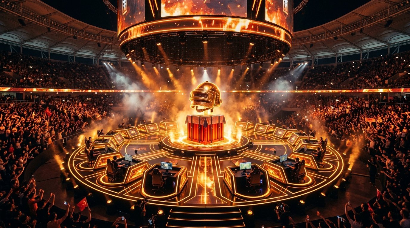 PUBG Global Championship PGC 2026 tournament stage in Istanbul with military tactical lighting and giant LED screens