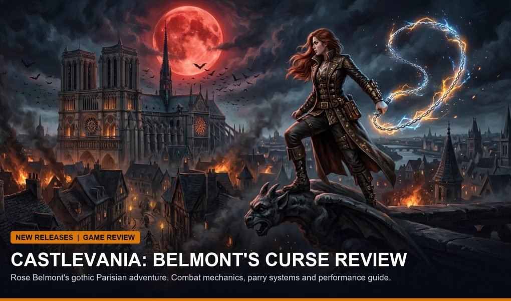 Gothic vampire hunter wielding luminous whip standing before Victorian Parisian cathedral under full moon