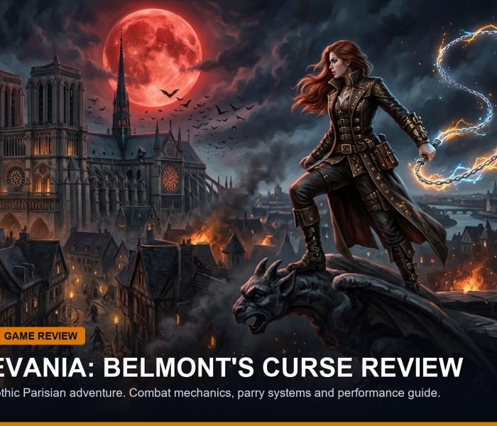 Gothic vampire hunter wielding luminous whip standing before Victorian Parisian cathedral under full moon