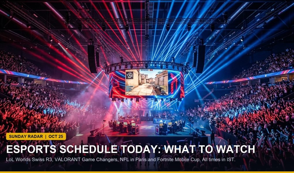 Esports tournament main stage arena under professional lighting during live match