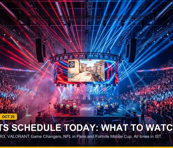 Esports tournament main stage arena under professional lighting during live match