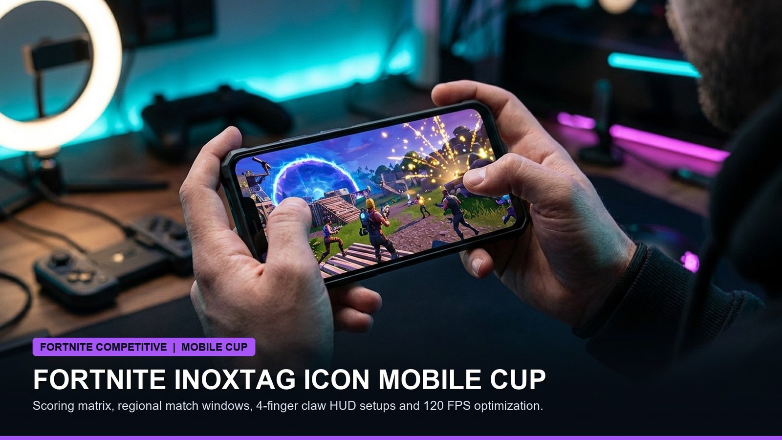 Mobile gamer holding smartphone with four-finger claw grip competing in touchscreen battle royale tournament