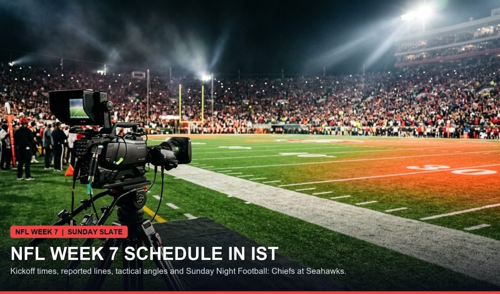 NFL stadium field under illuminated lights with broadcast camera equipment during Sunday slate