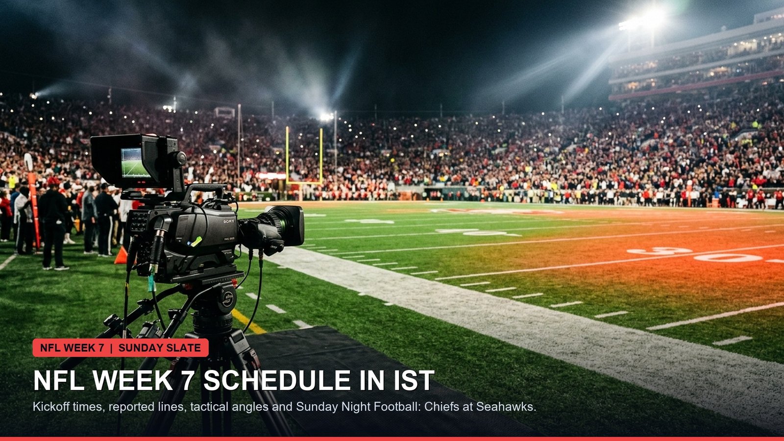 NFL stadium field under illuminated lights with broadcast camera equipment during Sunday slate