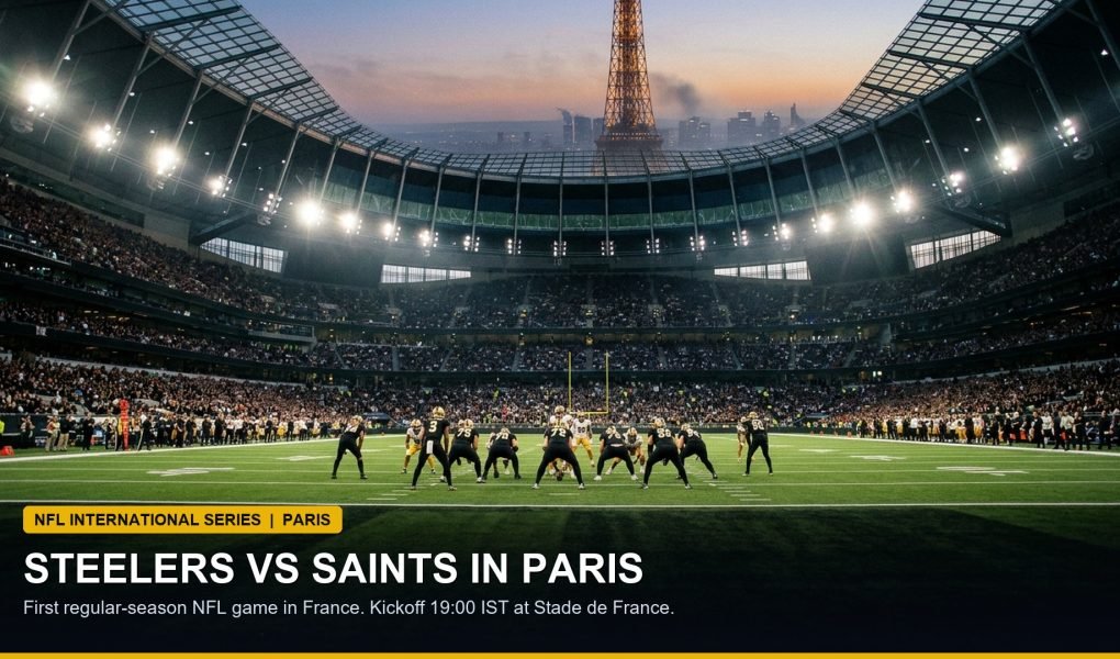 Stade de France stadium in Paris under evening floodlights hosting an American football showcase