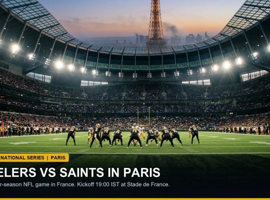 Stade de France stadium in Paris under evening floodlights hosting an American football showcase