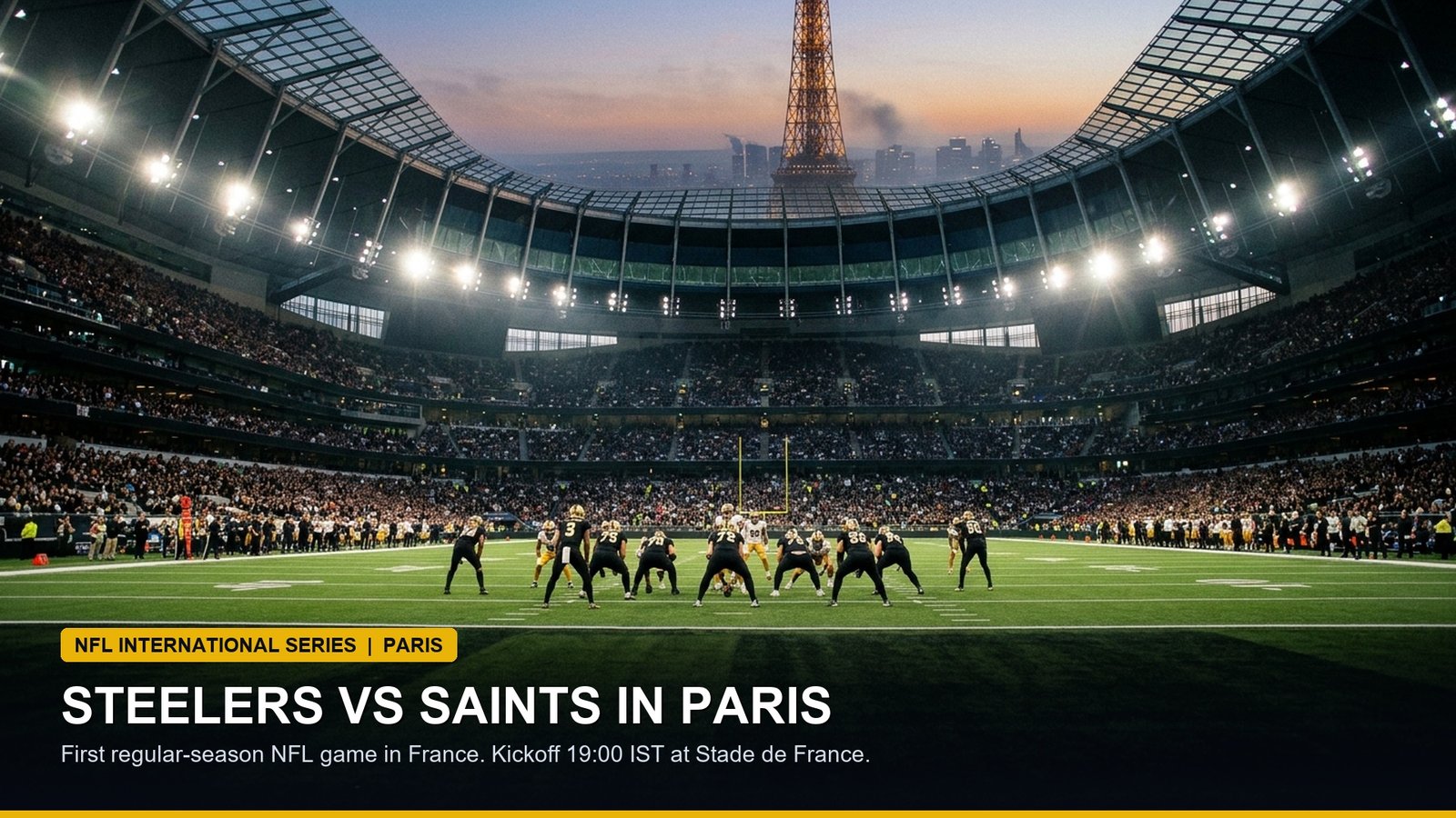 Stade de France stadium in Paris under evening floodlights hosting an American football showcase