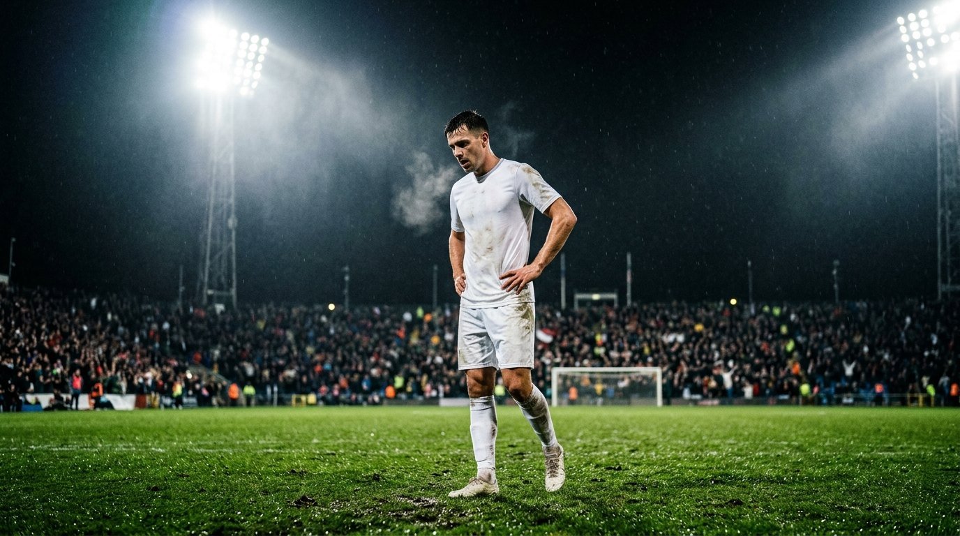 Real Madrid defensive injury crisis tactical pitch analysis with footballer on rain-soaked pitch under stadium floodlights