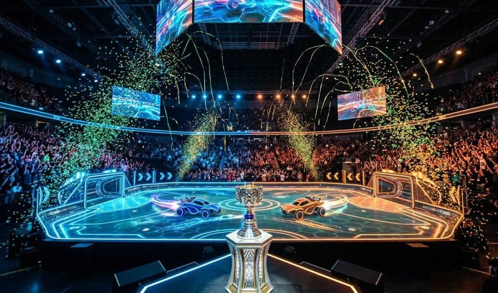 RLCS 2026 World Championship Fort Worth meta championship stage illuminated inside Dickies Arena