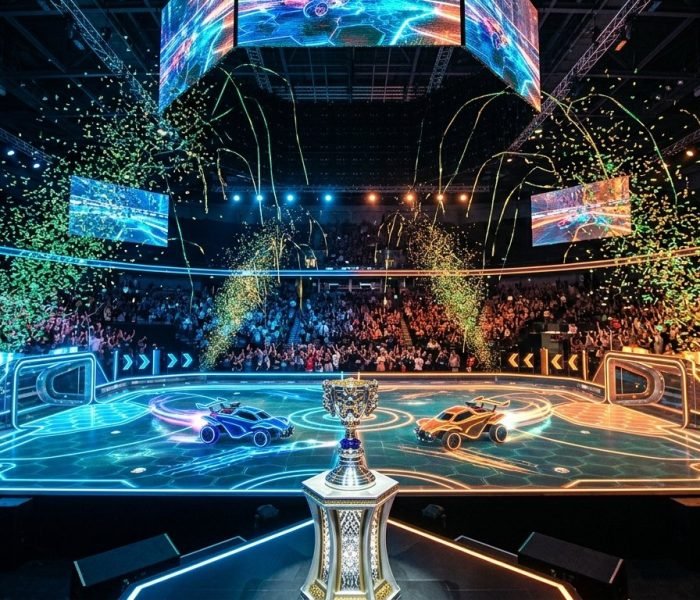 RLCS 2026 World Championship Fort Worth meta championship stage illuminated inside Dickies Arena