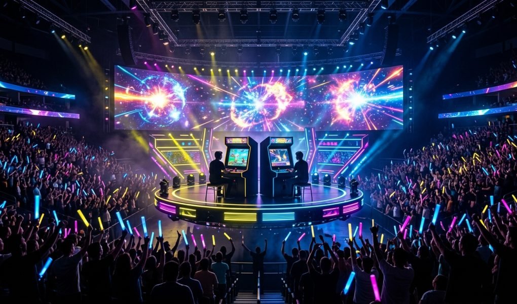 Super Smash Bros Major Circuit 2026 arena stage with competitor gaming monitors
