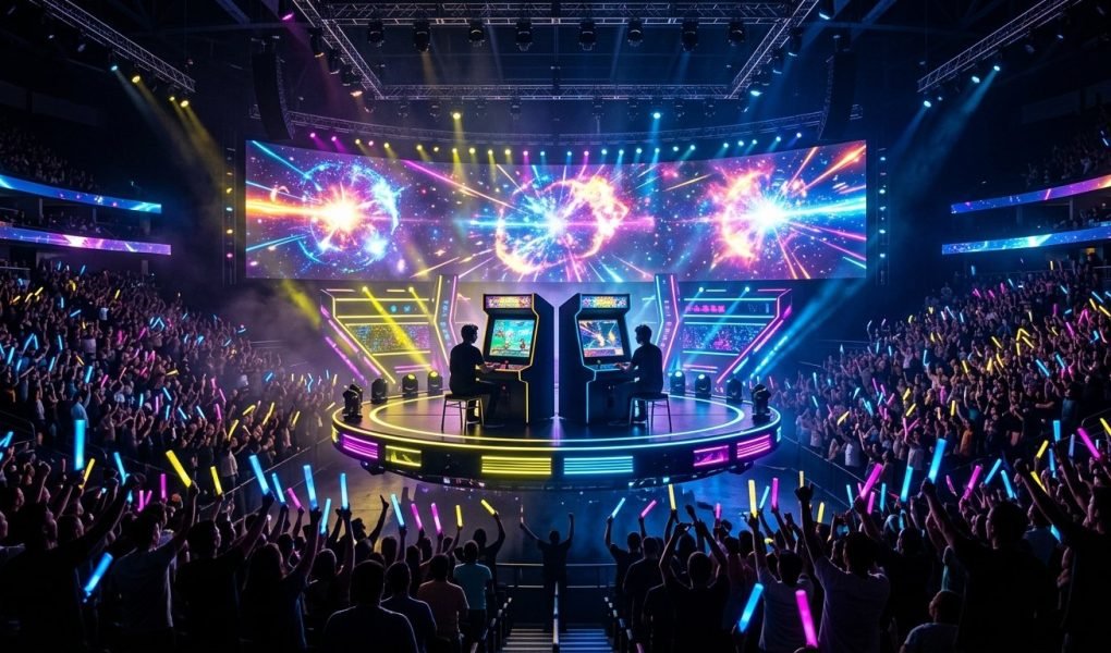 Super Smash Bros Major Circuit 2026 championship stage with glowing arcade platforms CRT monitors and cosmic energy explosion screens