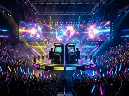 Super Smash Bros Major Circuit 2026 championship stage with glowing arcade platforms CRT monitors and cosmic energy explosion screens