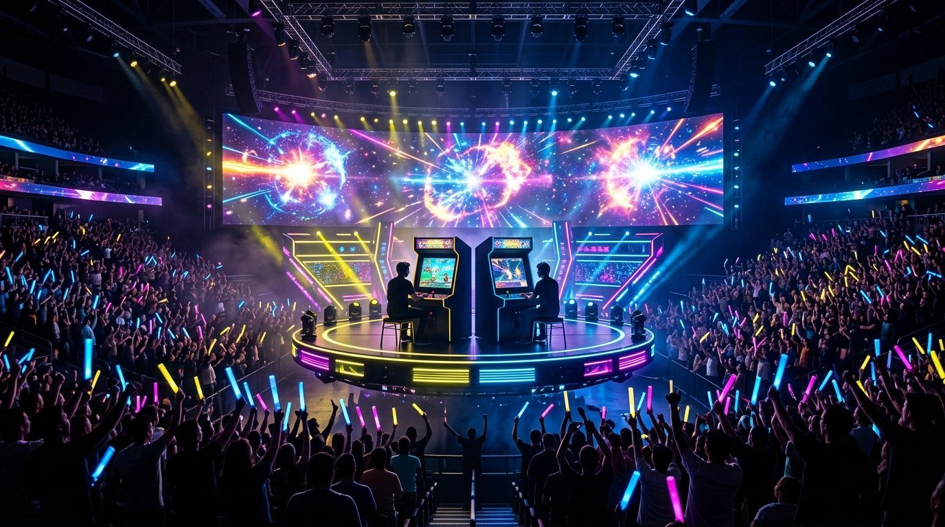 Super Smash Bros Major Circuit 2026 championship stage with glowing arcade platforms CRT monitors and cosmic energy explosion screens