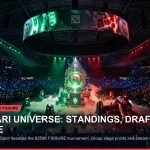Dota 2 ancient battlefield arena glowing with red and blue radiant/dire energy during tournament