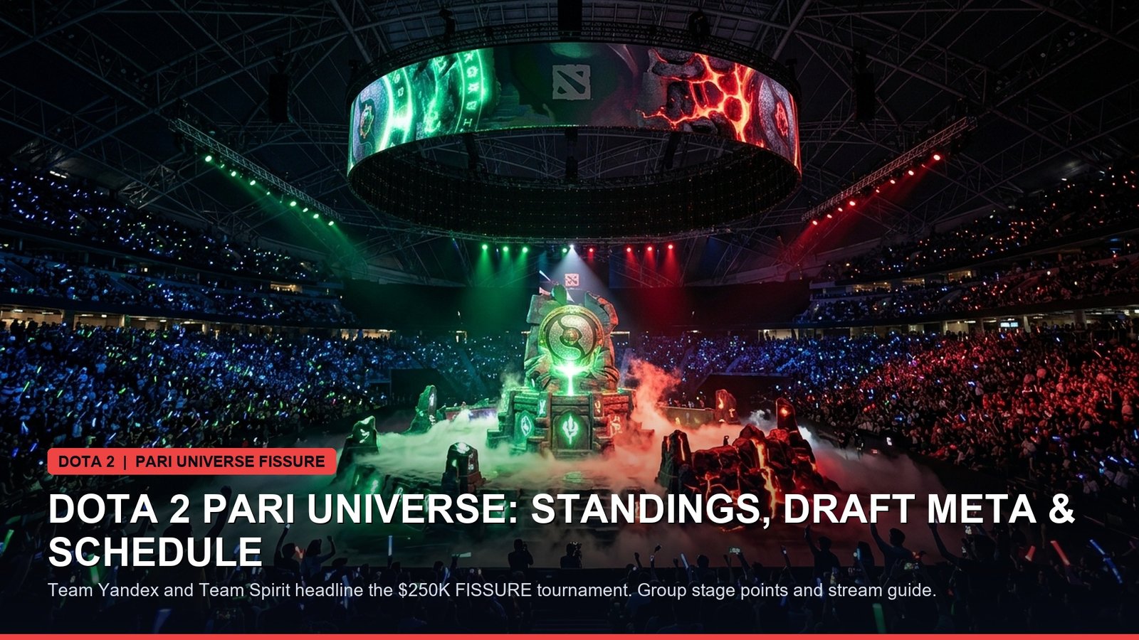Dota 2 ancient battlefield arena glowing with red and blue radiant/dire energy during tournament