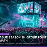 Illuminated esports tournament stage with holographic displays showing team logos and scoreboards