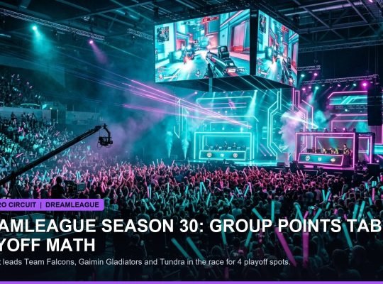 Illuminated esports tournament stage with holographic displays showing team logos and scoreboards