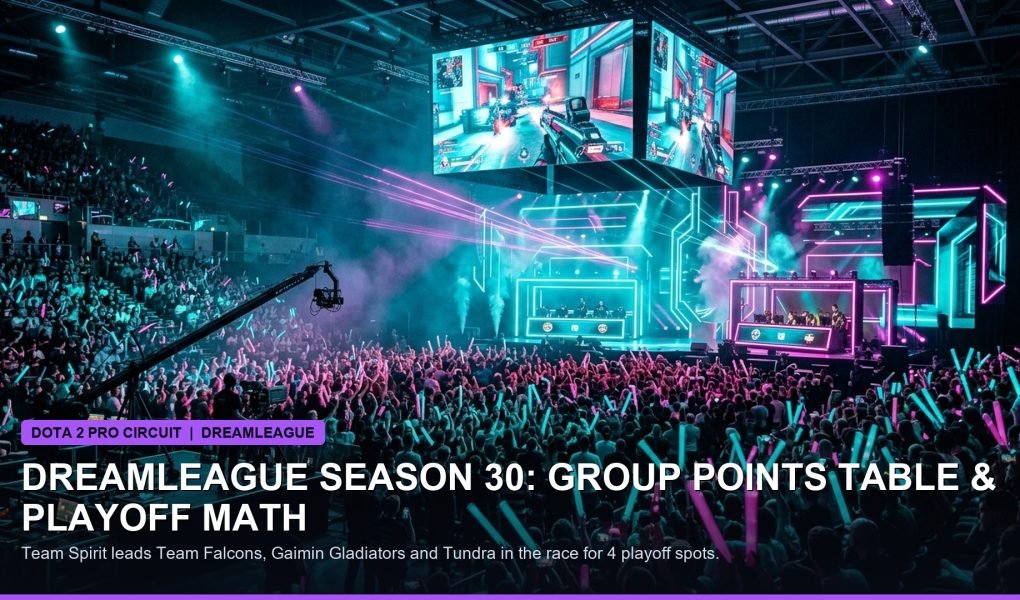 Illuminated esports tournament stage with holographic displays showing team logos and scoreboards