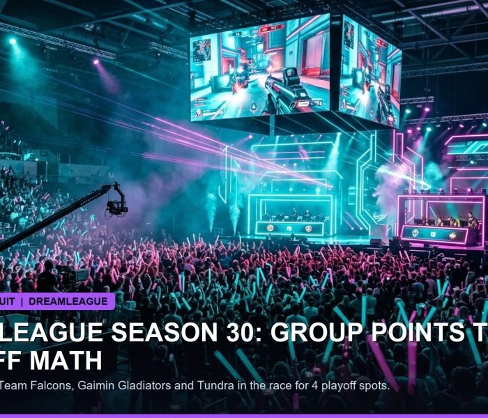 Illuminated esports tournament stage with holographic displays showing team logos and scoreboards