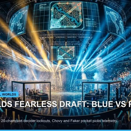 Illuminated tournament main stage with blue and red holographic team banners during draft phase