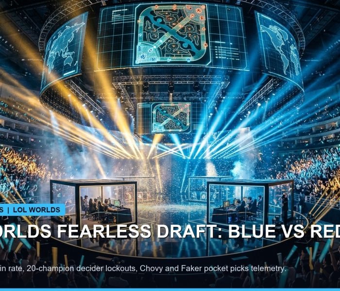 Illuminated tournament main stage with blue and red holographic team banners during draft phase