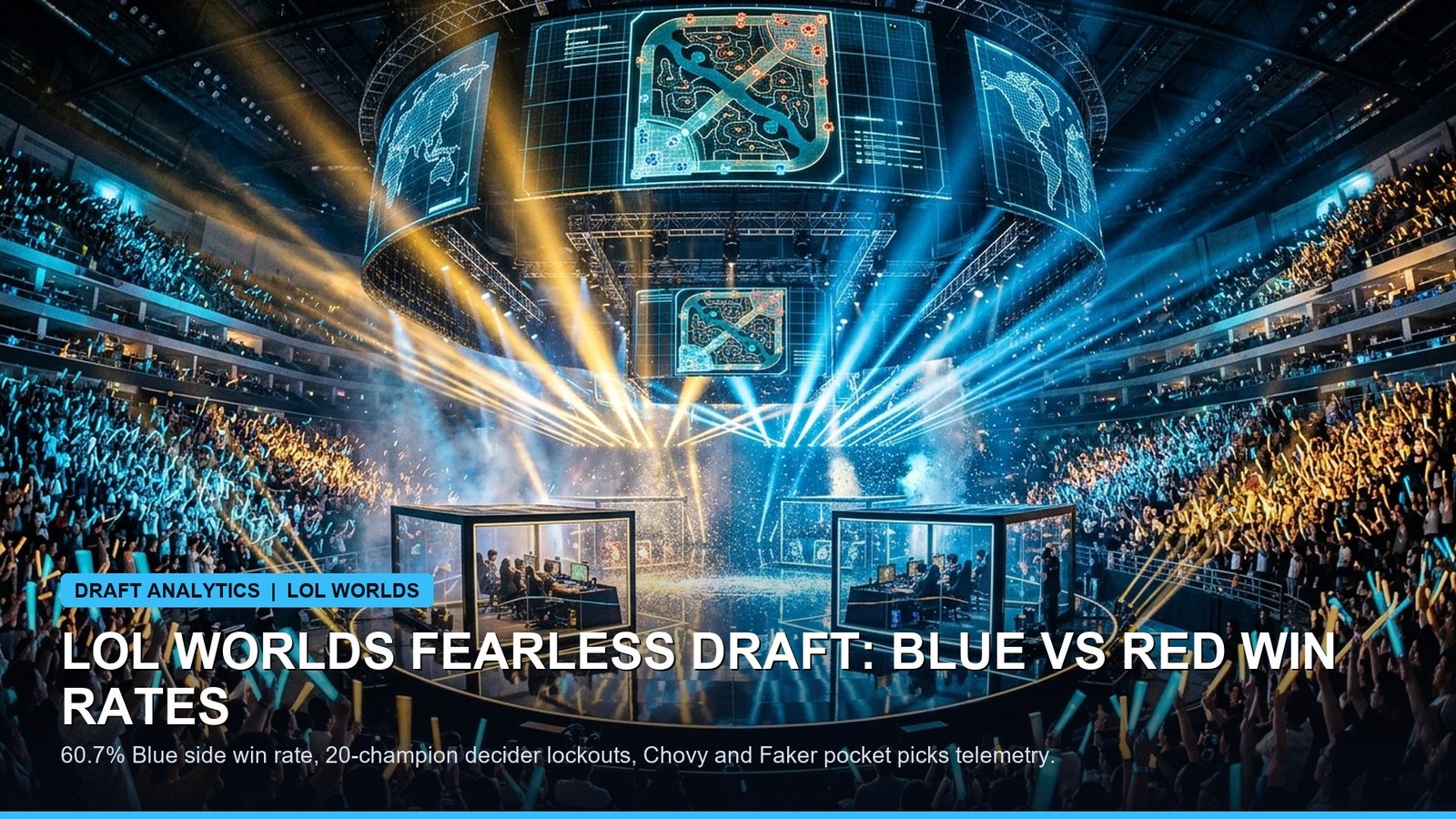 Illuminated tournament main stage with blue and red holographic team banners during draft phase