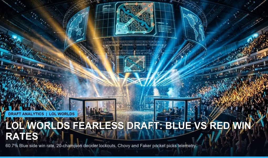 Illuminated tournament main stage with blue and red holographic team banners during draft phase